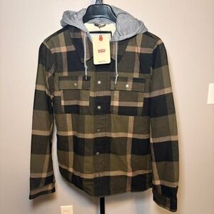 Levi's green and khaki plaid‎ shacket with hoodie